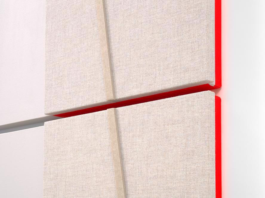 Jennie C. Jones, Fractured Extension/Broken Time, 2021 (detail).  Acoustic absorber panel, architectural felt, and acrylic on canvas in two parts, 121.9 × 121.9 × 7.6 cm each. © Jennie C. Jones, courtesy Alexander Gray Associates, New York, and Patron Gallery, Chicago