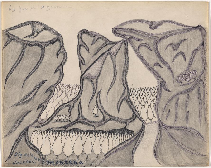 Joseph E. Yoakum (American, 1891 – 1972). Big Hole Pass Jackson Montana, n.d.. Graphite pencil and black and blue ballpoint pen on paper. 8 x 10″ (20.3 x 25.4 cm). Gift of the Raymond K. Yoshida Living Trust and Kohler Foundation, Inc. 1173.2011. Photo: Robert Gerhardt.