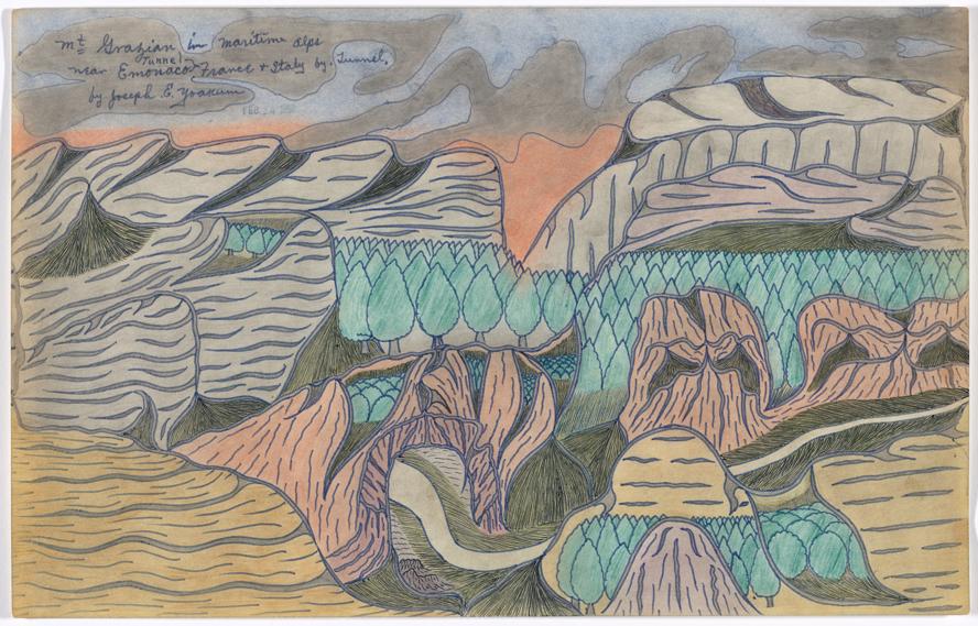 Joseph E. Yoakum (American, 1891 – 1972). Mt Grazian in Maritime Alps near Emonaco Tunnel France and Italy by Tunnel, c. mid-1960s (stamped 1958). Black ballpoint pen, blue felt‑tip pen, and colored pencil on paper. 12 x 19″ (30.5 x 48.3 cm). Gift of the Raymond K. Yoshida Living Trust and Kohler Foundation, Inc. 1174.2011. Photo: Robert Gerhardt.