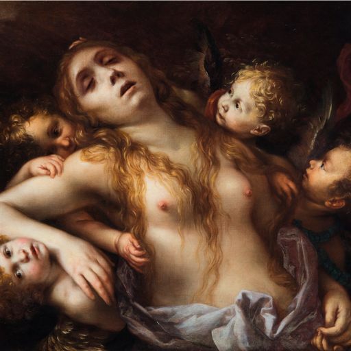 FRANCESCO CAIRO  (Milano, 1607 – 1665)  Maddalena portata in cielo dagli angeli  1650 circa olio su tela cm 73 x 100  Collezione Gastaldi Rotelli