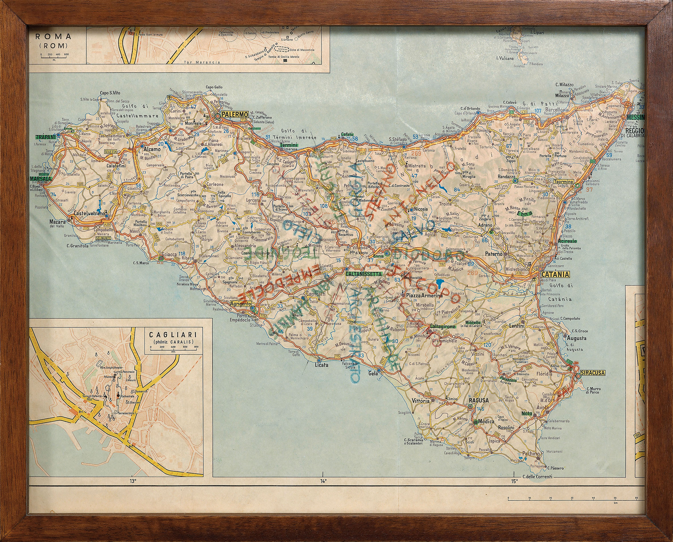 mostra-milano---salvo.-sicilie-e-citta----immagini-1974_Sicilia_29x36_cm_pastello_su_carta_geografica