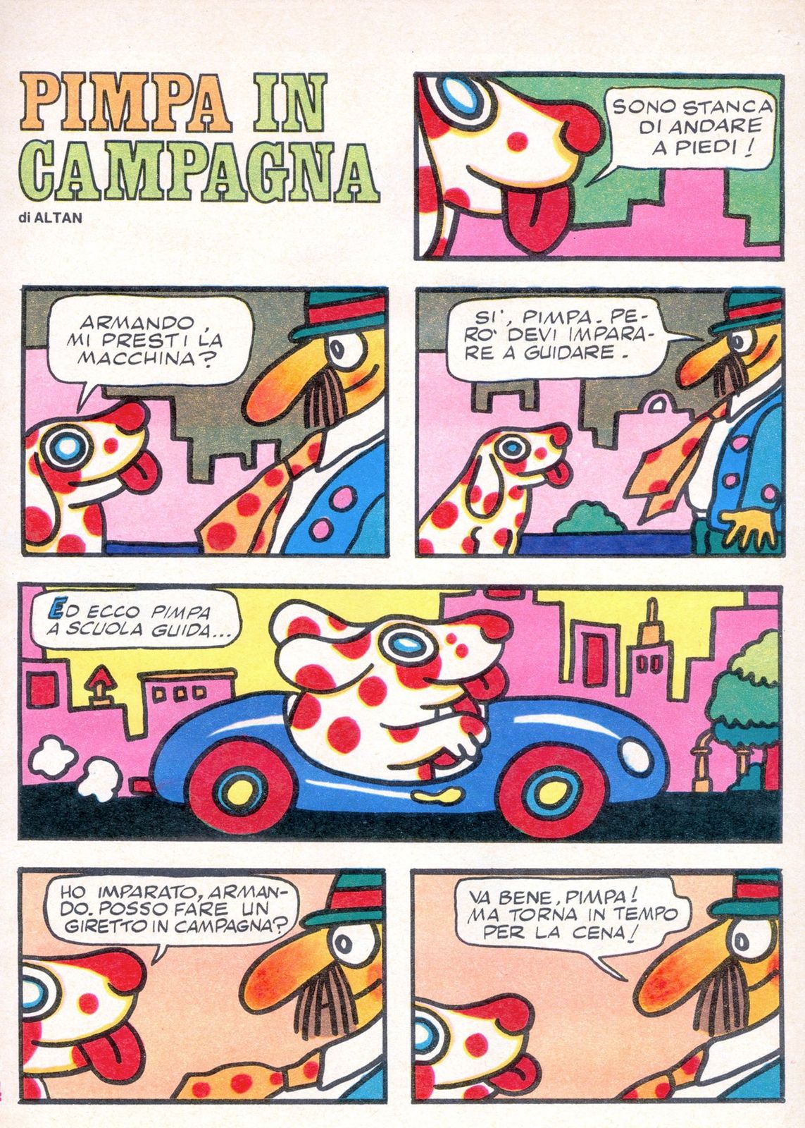 Prima tavola della storia “Pimpa in campagna” pubblicata su Corrierino dei piccoli, 1975 ©Altan/Quipos